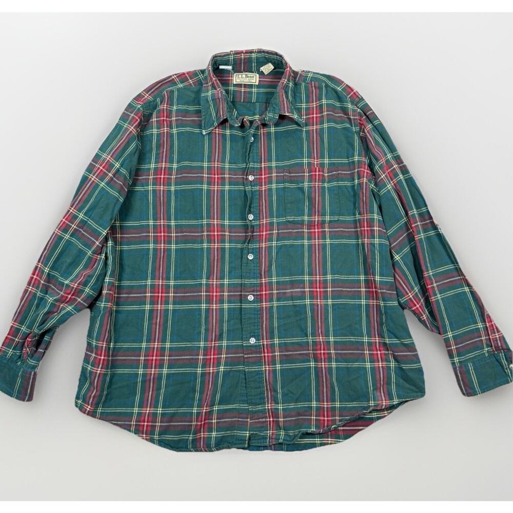 VTG LL Bean Flannel Shirt Men's Size XL Green Red Tartan Plaid Cotton USA Made